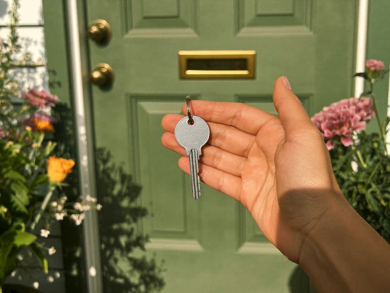 A hand holding a house key at a green front door