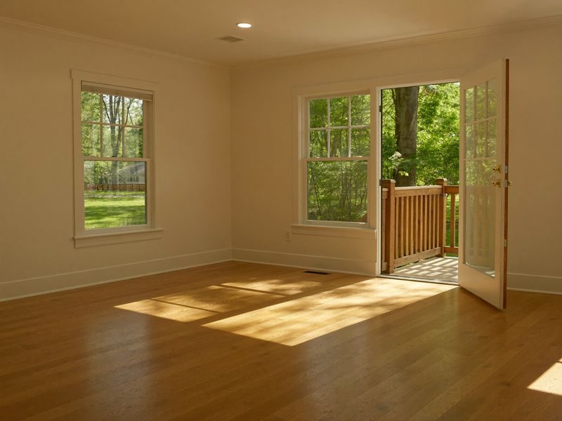 A bright empty living room with sun across the oak floor
